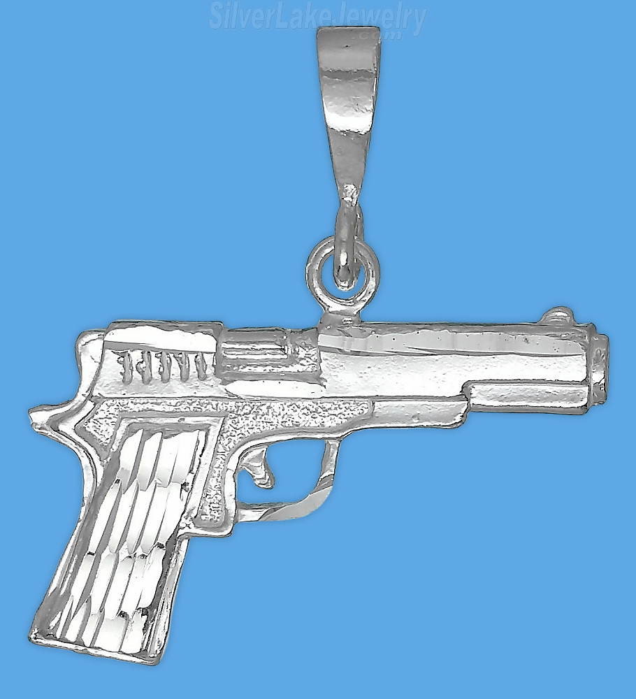 Sterling Silver Diamond-cut Colt 45 Pistol Handgun Charm Pendant - Click Image to Close