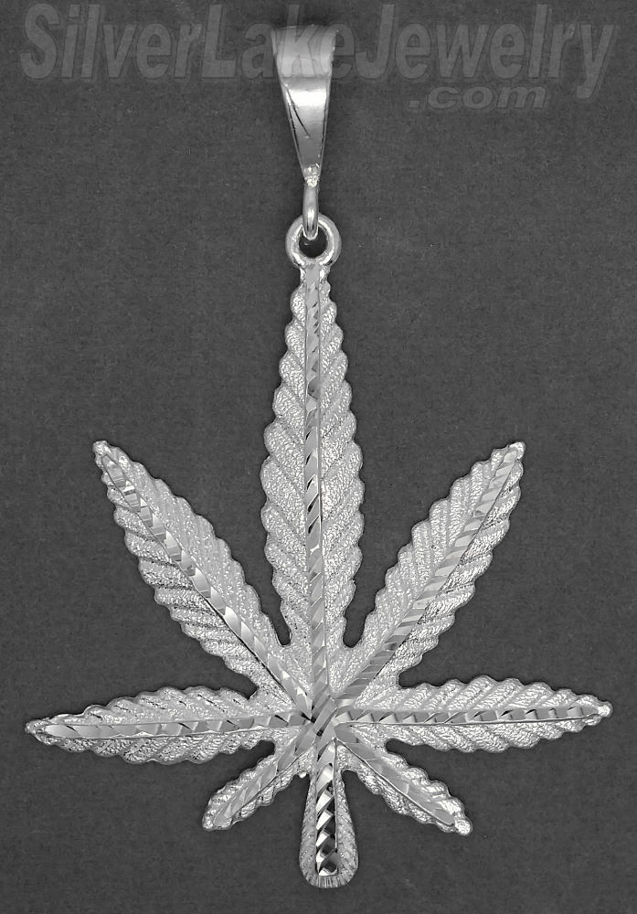 Sterling Silver Diamond-Cut Big Marijuana Pot Leaf Charm Pendant - Click Image to Close