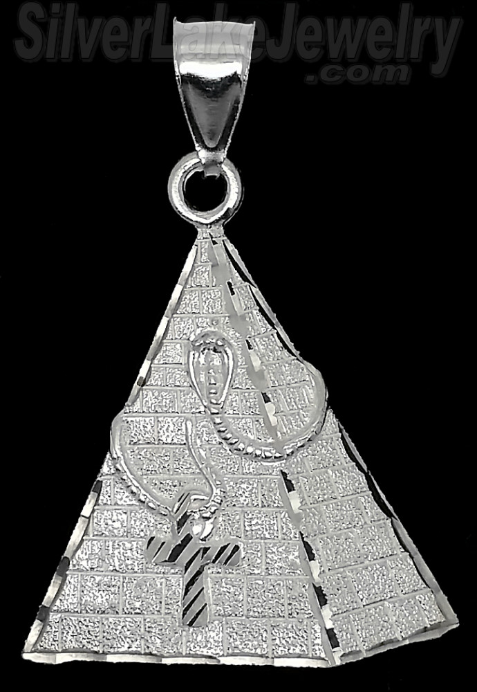 Sterling Silver Diamond-Cut Egyptian Pyramid w/Cobra & Ankh Charm Pendant - Click Image to Close