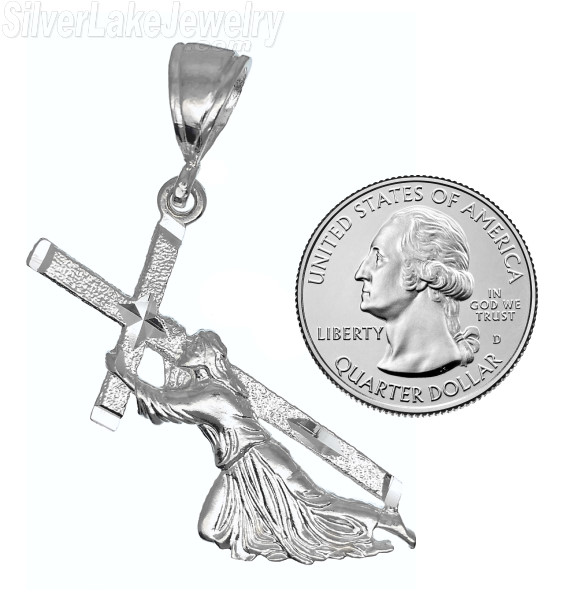 Sterling Silver Diamond-cut Jesus Christ Carrying Cross Christian Charm Pendant - Click Image to Close