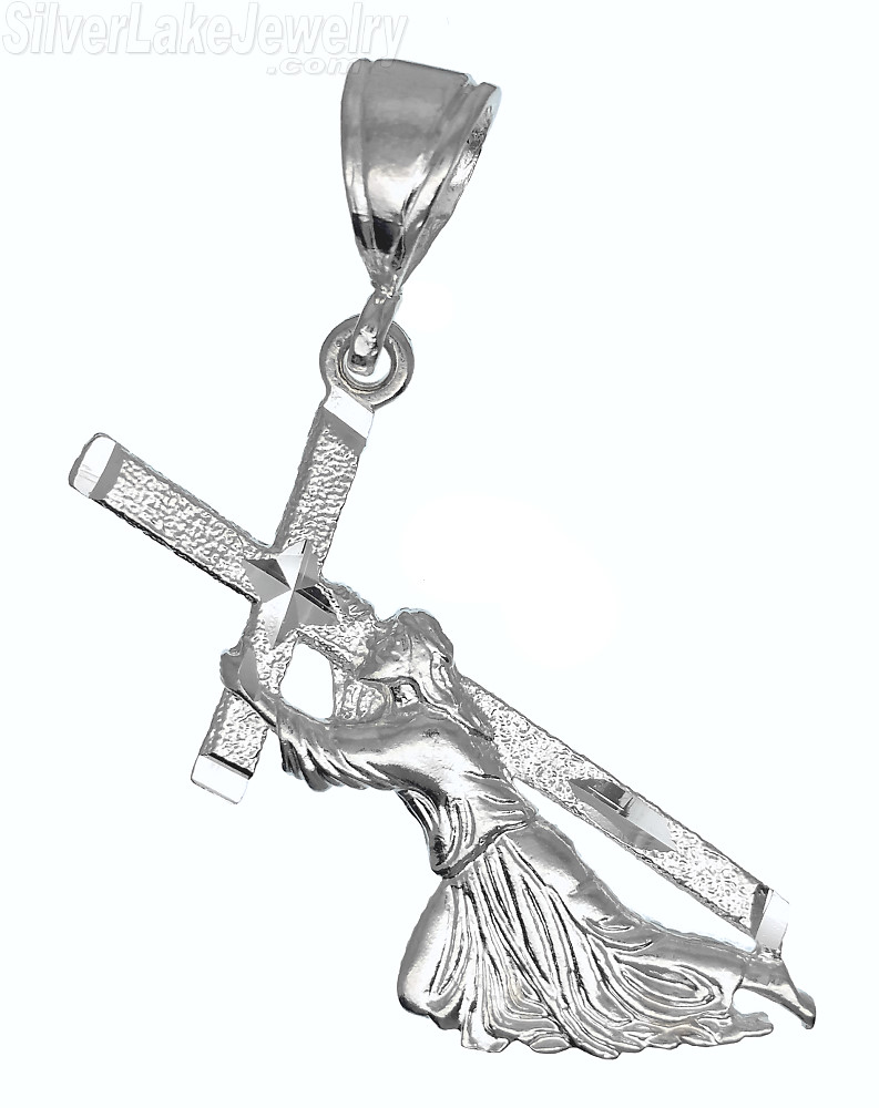 Sterling Silver Diamond-cut Jesus Christ Carrying Cross Christian Charm Pendant - Click Image to Close