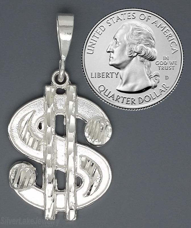 Sterling Silver Diamond-Cut Dollar Money Sign Charm Pendant - Click Image to Close
