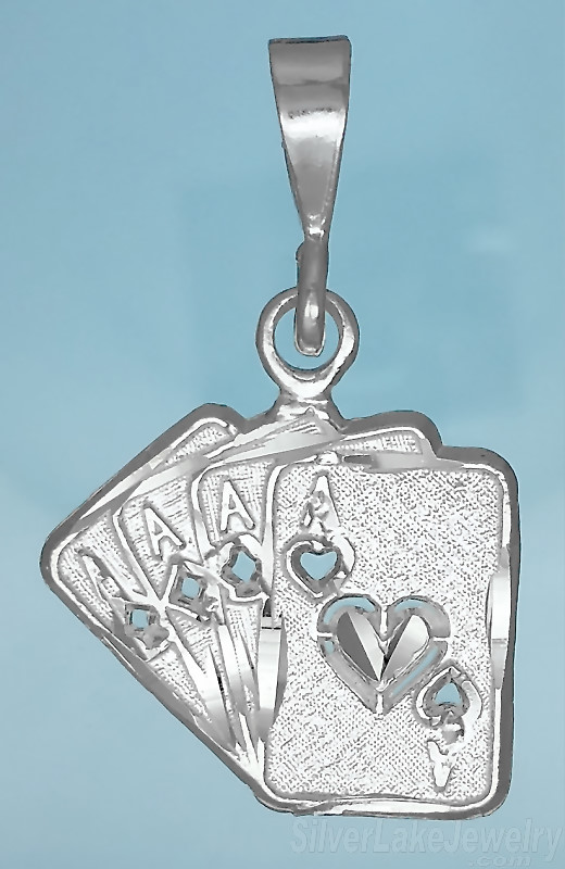 Sterling Silver Small Diamond-Cut Playing Cards Four Aces Charm Pendant - Click Image to Close