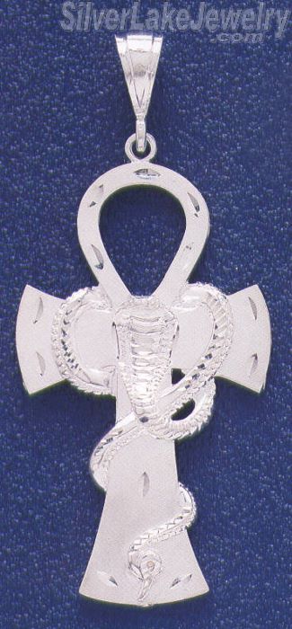 Sterling Silver Diamond-Cut Big Ankh Ansate Cross w/Cobra Charm Pendant - Click Image to Close