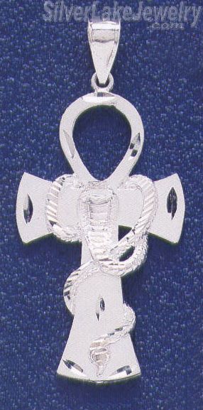 Sterling Silver Big Diamond-Cut Ankh Ansate Cross w/Cobra Charm Pendant - Click Image to Close