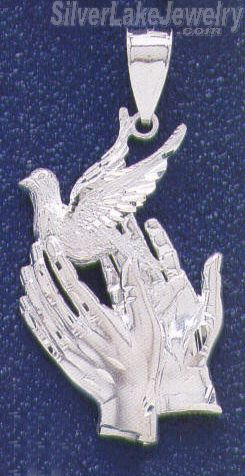 Sterling Silver Diamond-Cut Big Hands Releasing Dove Charm Pendant - Click Image to Close