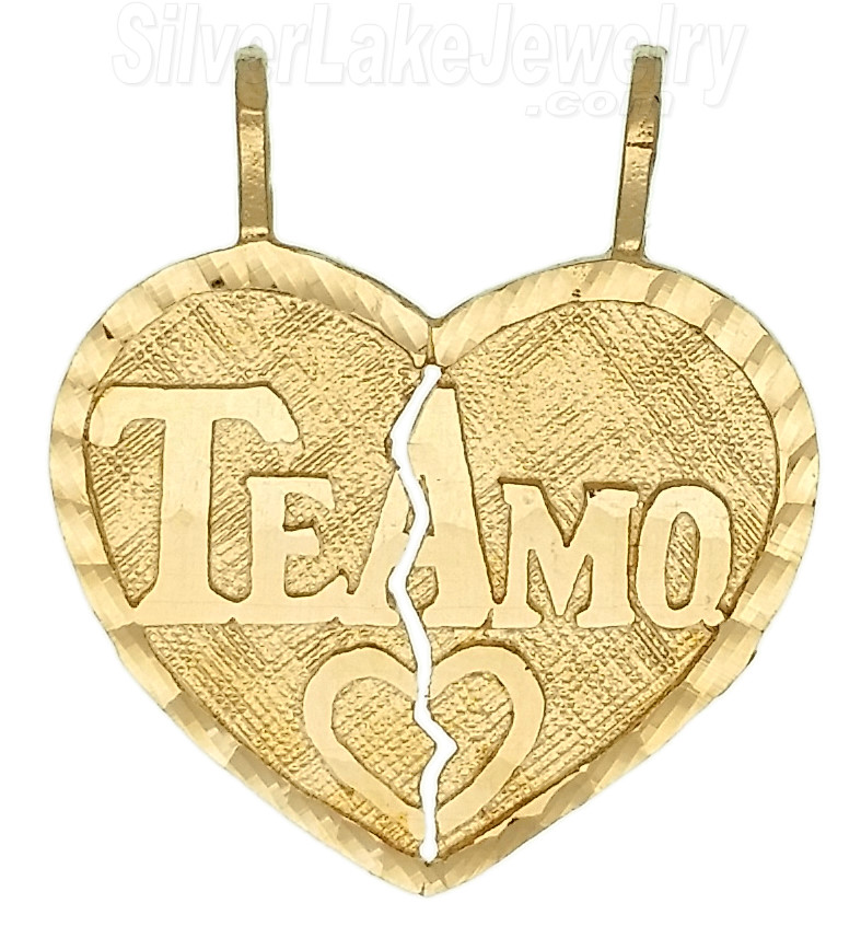 14K Gold Te Amo 2-piece Split Heart Dia-Cut Charm Pendant - Click Image to Close