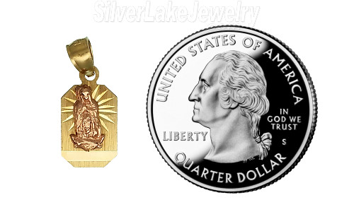 14K Gold Virgin of Guadalupe Rectangular Medal Charm Pendant Virgen Medalla - Click Image to Close