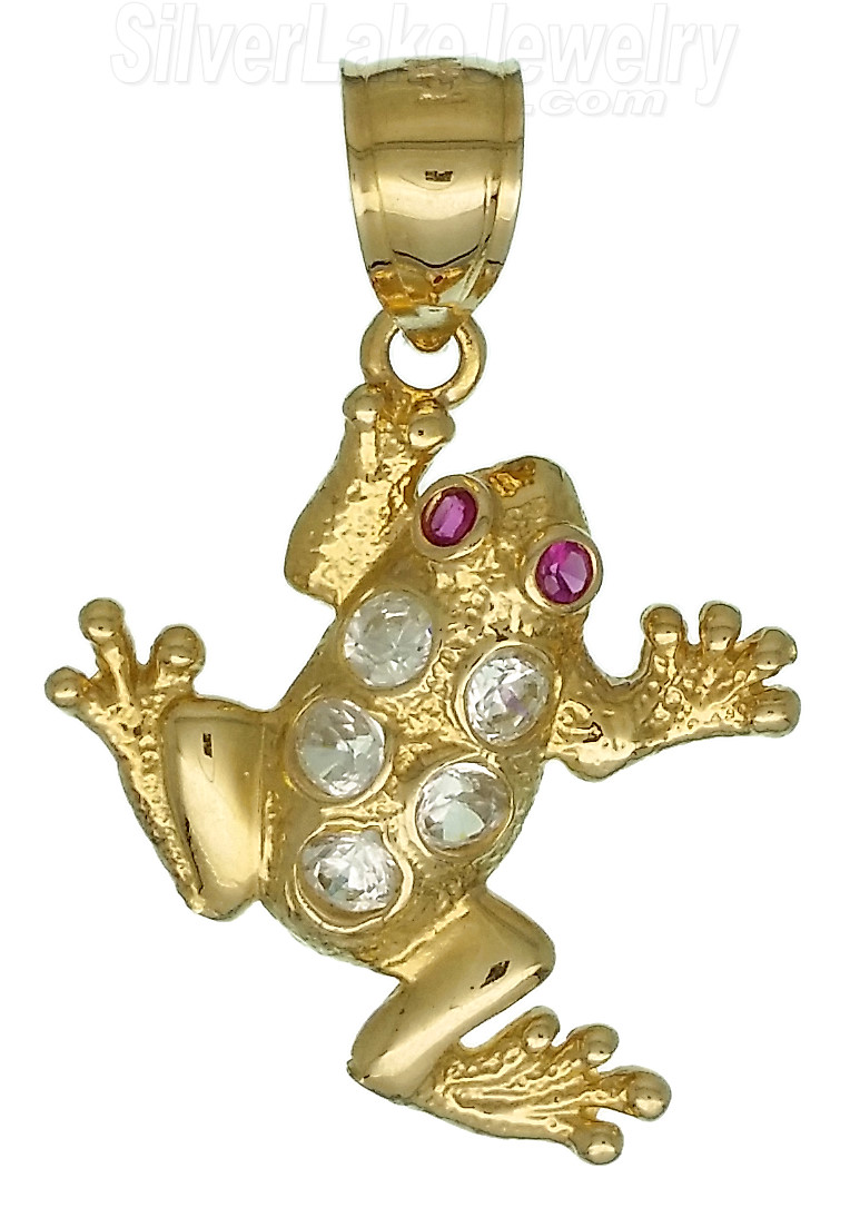 14K Gold Frog Toad w/Clear & Ruby Colored CZ Charm Pendant - Click Image to Close