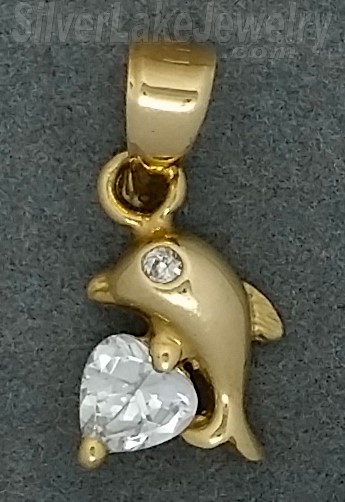 14K Gold Small Dolphin w/Heart CZ Charm Pendant - Click Image to Close