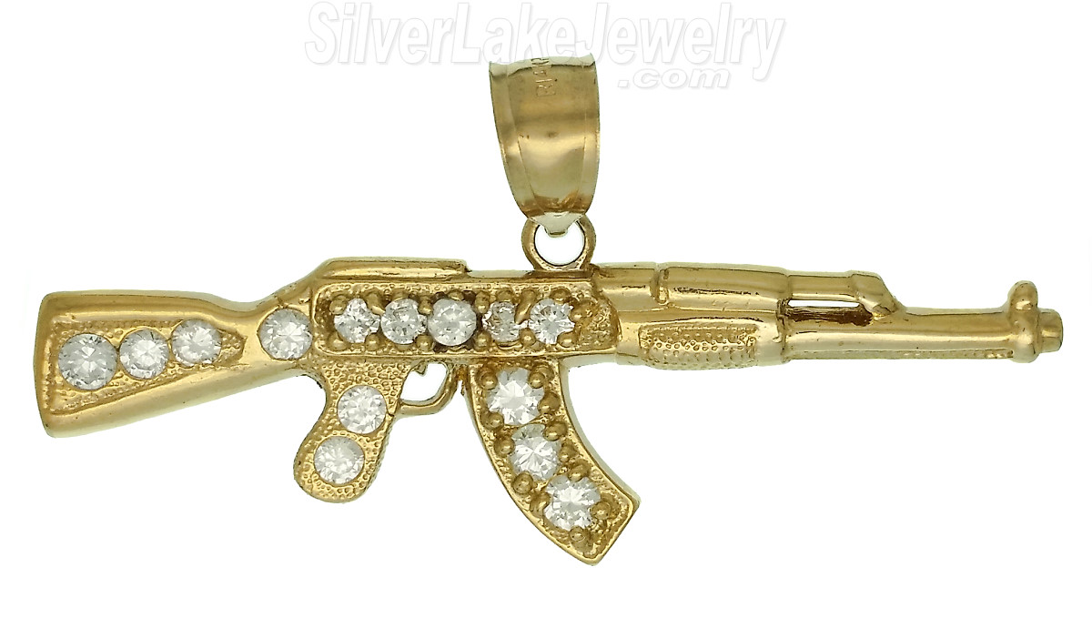 14K Gold AK-47 Assault Rifle CZ Charm Pendant - Click Image to Close