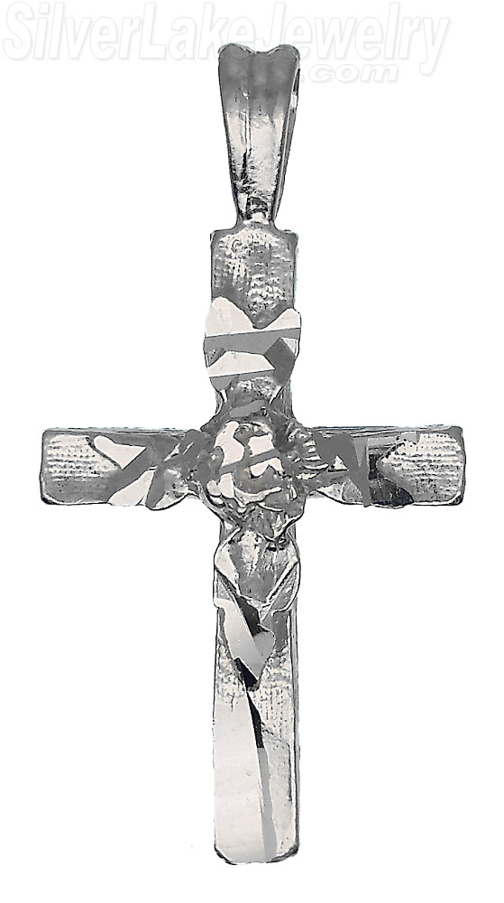 Sterling Silver Diamond-Cut Cross w/Rose Flower Charm Pendant - Click Image to Close