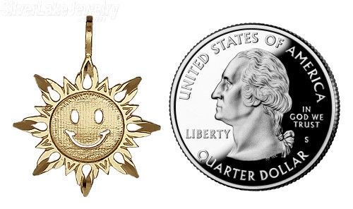 14K Gold Happy Face Smiley Sun Diamond-cut Charm Pendant - Click Image to Close