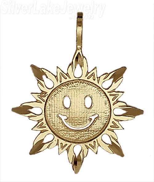 14K Gold Happy Face Smiley Sun Diamond-cut Charm Pendant - Click Image to Close