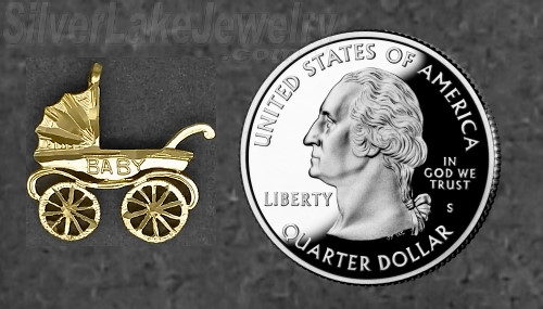 14K Gold Baby Carriage Stroller Diamond-cut Charm Pendant - Click Image to Close