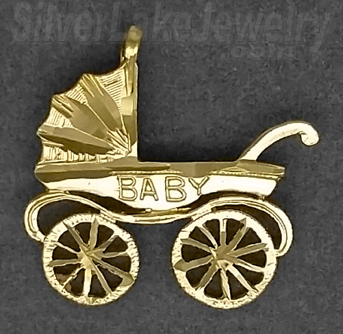 14K Gold Baby Carriage Stroller Diamond-cut Charm Pendant - Click Image to Close