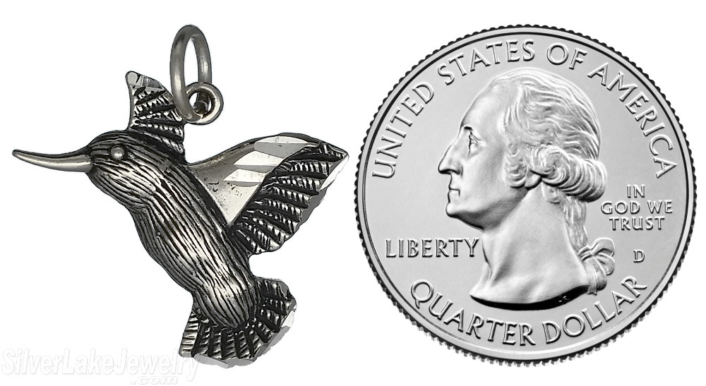 Sterling Silver Antiqued Diamond-cut Hummingbird Charm Pendant - Click Image to Close