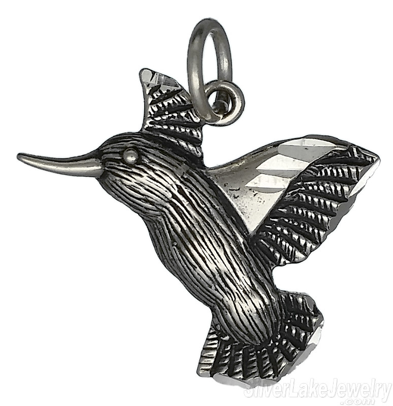 Sterling Silver Antiqued Diamond-cut Hummingbird Charm Pendant - Click Image to Close