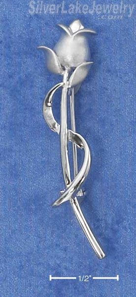 Sterling Silver Long Stem Rose Pin With High Polish Stem And Satin Finish Bloom - Click Image to Close