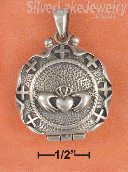 Sterling Silver Claddagh Locket With Cross Border And Filigree Back - Click Image to Close