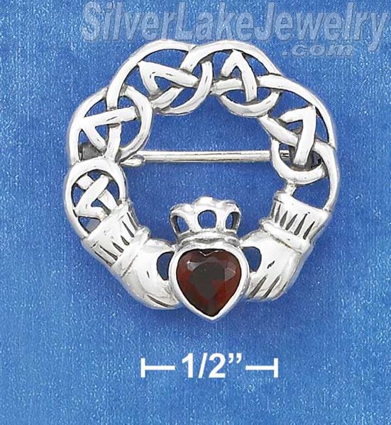 Sterling Silver Open Weave Claddagh Pin With Synthetic Garnet Cubic Zirconia - Click Image to Close