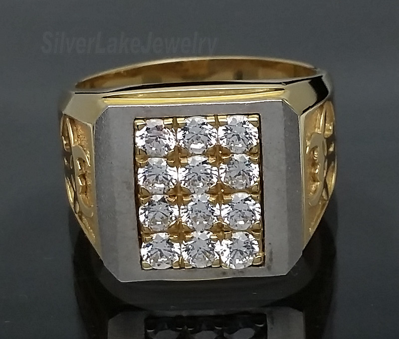 14K 2Tone White Yellow Gold Bull Taurus 12 Clear CZ Pave Men's Ring size 10 - Click Image to Close
