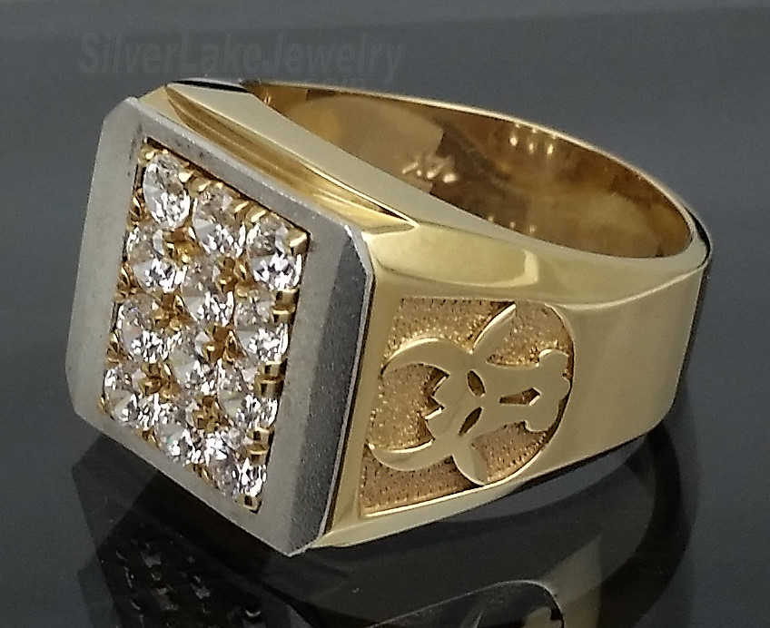 14K 2Tone White Yellow Gold Bull Taurus 12 Clear CZ Pave Men's Ring size 10 - Click Image to Close