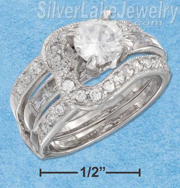 Sterling Silver Womens 2 Pc 6mm Round Cz Ring W/ Baguette Band & Loop Cz Band Sz - Click Image to Close