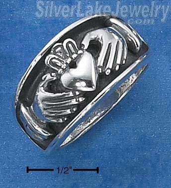 Sterling Silver Mens Claddagh Heart In Hands Band Ring Size 15 - Click Image to Close