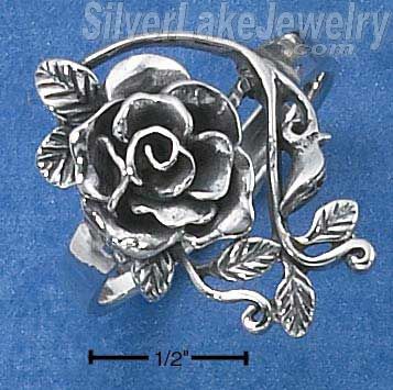 Sterling Silver Large Antiqued Rose Ring With Vine Size 6 - Click Image to Close