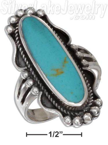 Sterling Silver Long Oval Turquoise Ring W/ Rope & Beaded Edging Size 6 - Click Image to Close