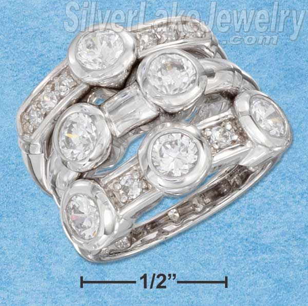 Sterling Silver Rhodium Plated Single Double & Triple Cz 3 Ring Set W/ Pave Acce - Click Image to Close