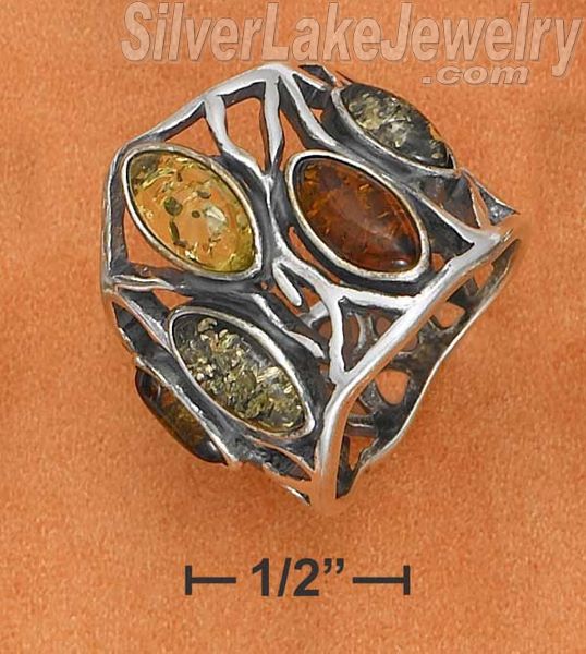 Sterling Silver Large Multicolor Amber W/ Open Design Band Ring Size 8 - Click Image to Close