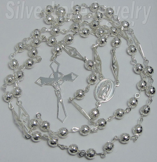 Sterling Silver 25" Crucifix & Virgin Mary 5mm Beads - Click Image to Close