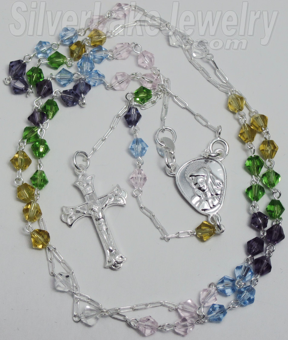 Sterling Silver 23" Crucifix & Virgin Mary Multi-colored CZ Rosa - Click Image to Close