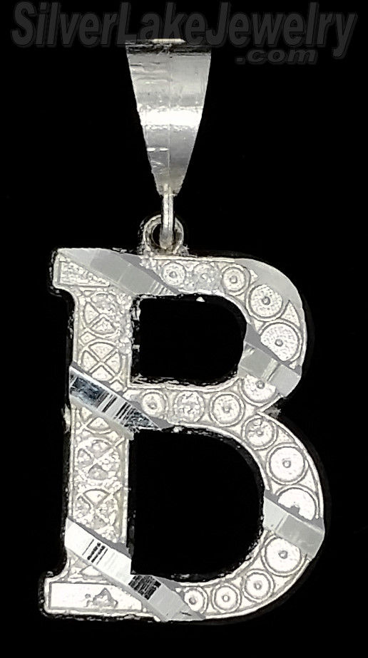 Sterling Silver Dia-cut Stripes Initial Letter B Charm Pendant - Click Image to Close