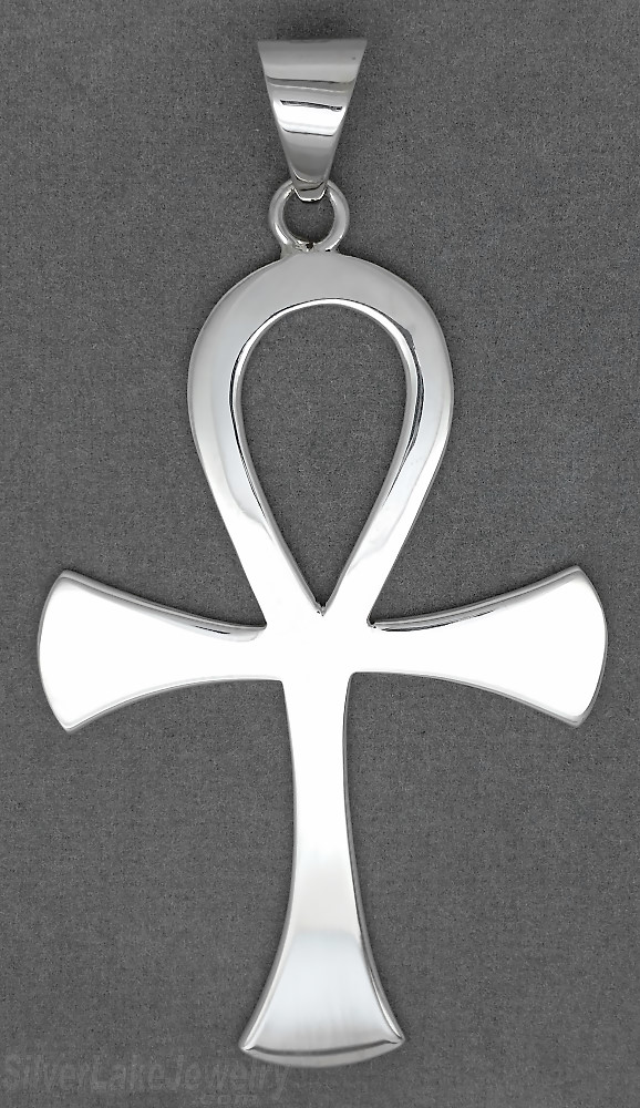 Sterling Silver Big Plain Flat Ankh Cross Large Egyptian Pendant High Polish - Click Image to Close