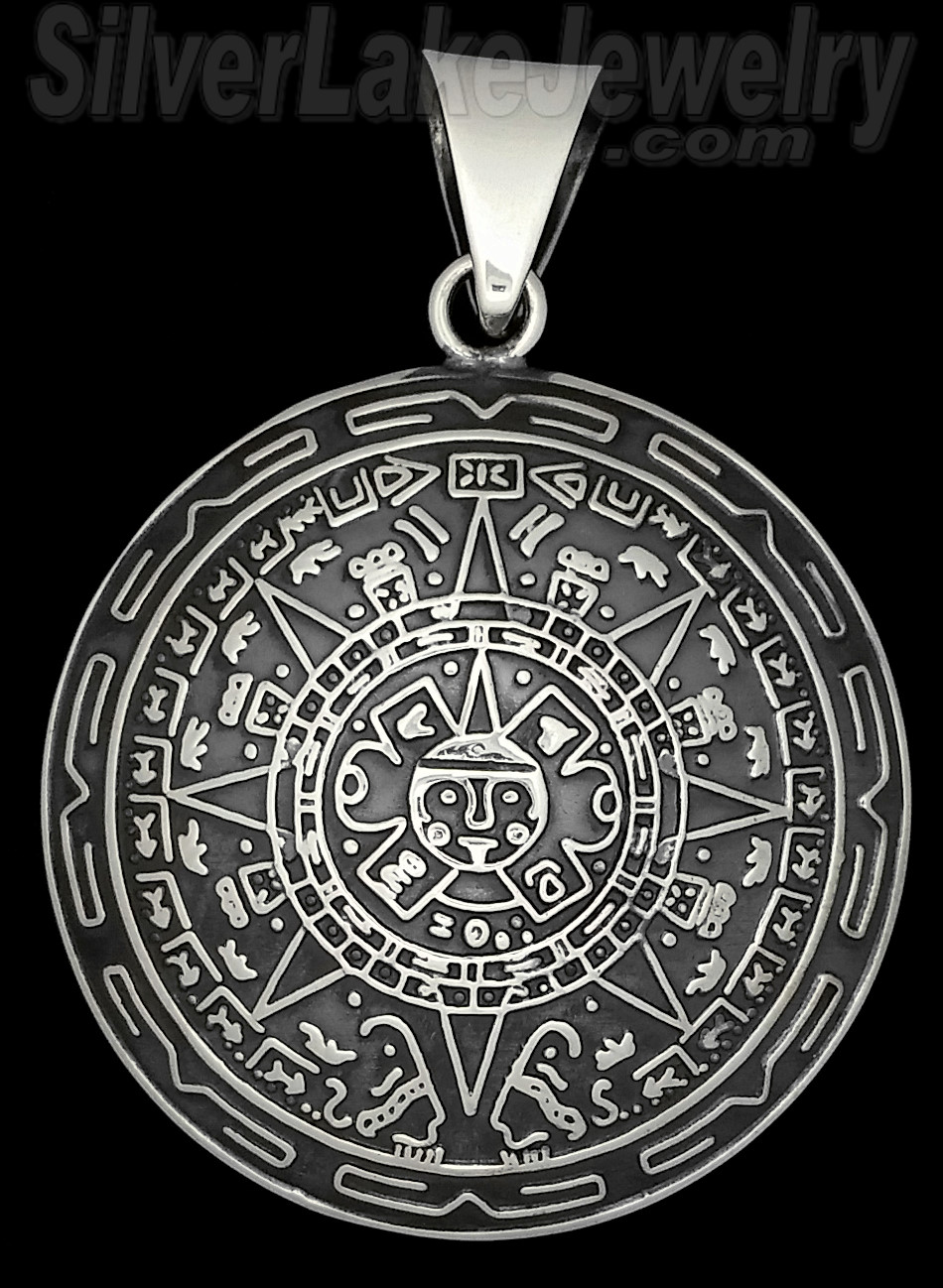 Sterling Silver Large Puffed Aztec Sun Calendar Pendant 37mm - Click Image to Close