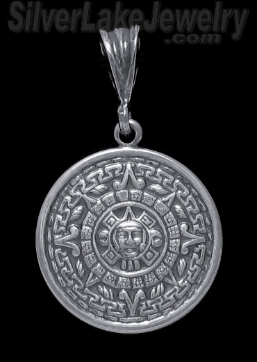 Sterling Silver Aztec Sun Calendar Pendant 26.5mm - Click Image to Close