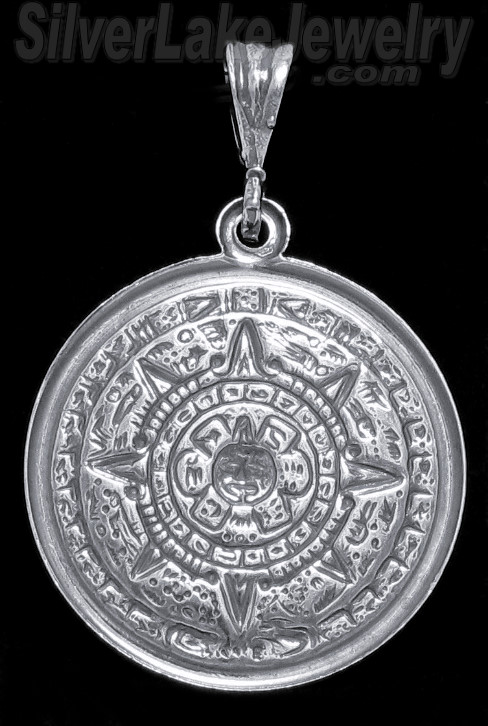 Sterling Silver Aztec Sun Calendar Pendant 37mm - Click Image to Close
