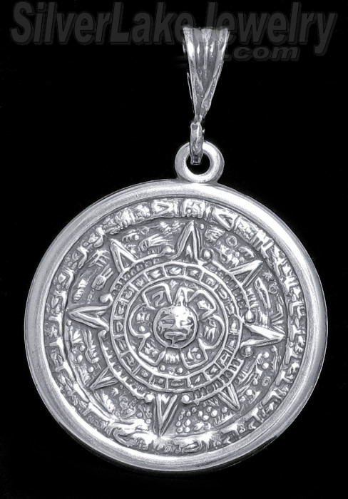 Sterling Silver Aztec Sun Calendar Pendant 37mm - Click Image to Close