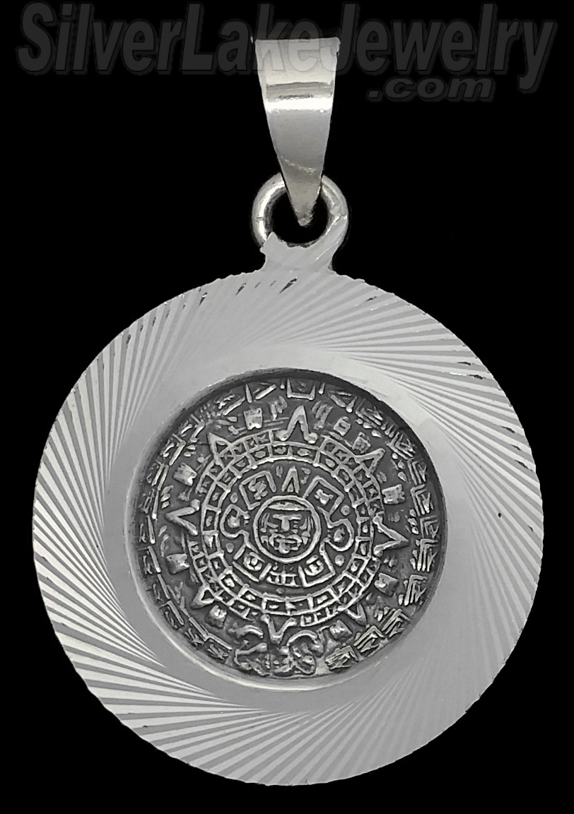 Sterling Silver Aztec Sun Calendar Pendant w/Swirling Diamond-cut Border 31mm - Click Image to Close
