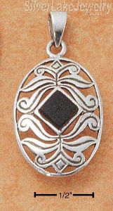Sterling Silver Oval Filigree W/ Diamond-Shaped Onyx Pendant