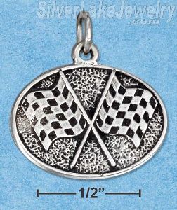 Sterling Silver Antiqued Oval Checkered Flags Charm