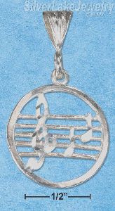 Sterling Silver Diamond Cut Round Music Staff Pendant With G-Clef And Notes