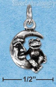 Sterling Silver Antiqued Three Dimensional Froggie Sitting On The Moon Charm