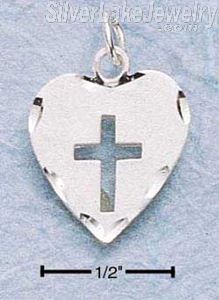 Sterling Silver Diamond Cut Heart With Cross Silhouette Charm