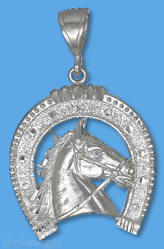 Sterling Silver Diamond-Cut Horse Head in Horseshoe Charm Pendant