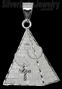 Sterling Silver Diamond-Cut Egyptian Pyramid w/Cobra & Ankh Charm Pendant