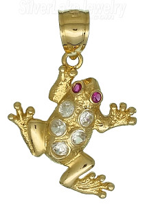 14K Gold Frog Toad w/Clear & Ruby Colored CZ Charm Pendant